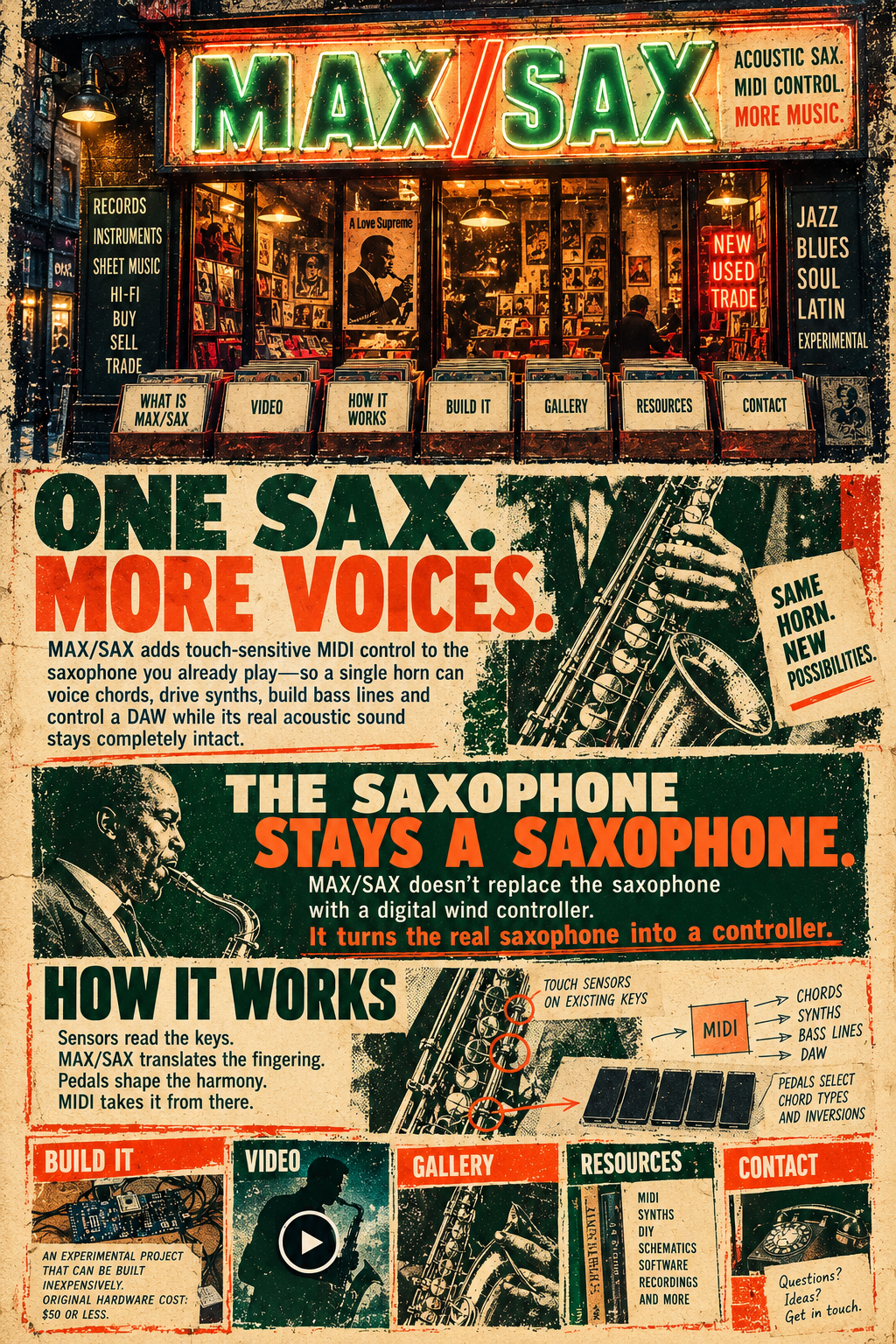 MAX/SAX vintage green and orange hand-printed jazz-shop poster